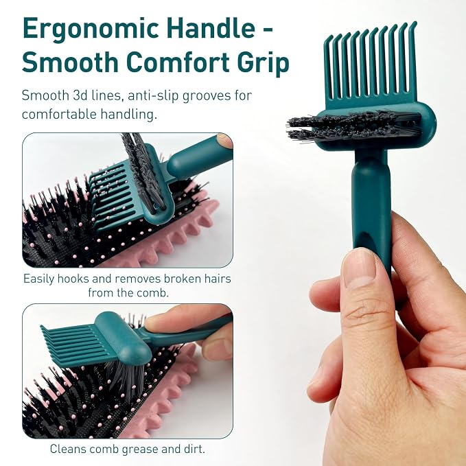 2-in-1 Hair Brush Cleaning Tool, Green Hairbrush Cleaner and Rake for Removing Hair and Dust, Durable and Ergonomic Design for Home and Salon Use (1 Pack)