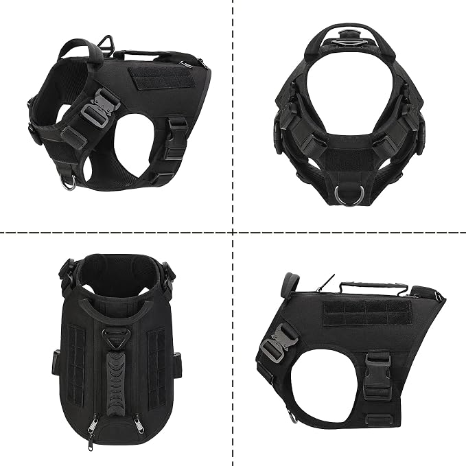 Tactical Dog Backpack Harness for Large Breed Original Design Metal Buckle Vest with Side Bags Pouches for Service Working Training (Black (with 2 Pouches), XL)