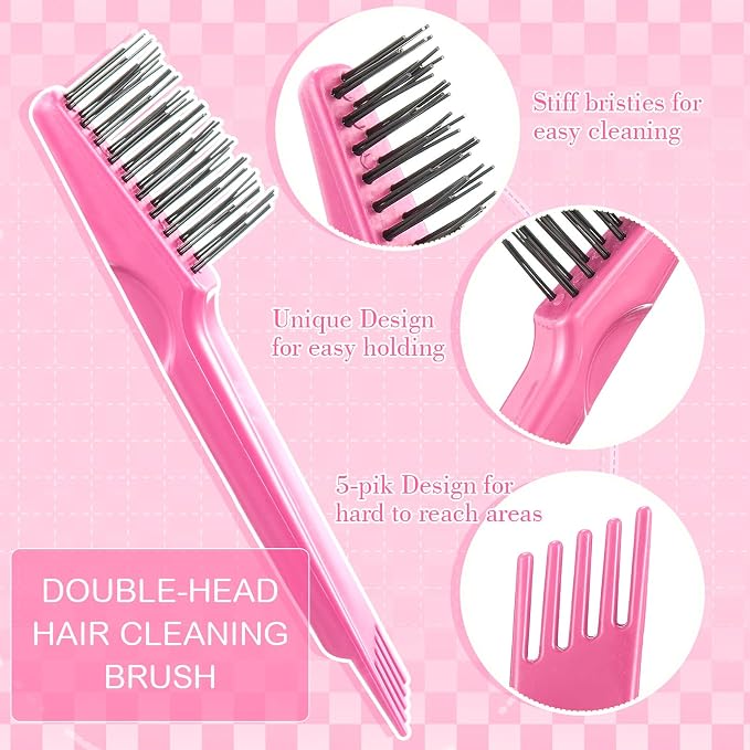 Boao 2 Pack Hair Brush Cleaning Tool,2-in-1 Comb Rake and Brush Cleaner for Removing Hair,Dust and Buildup,Mini Hairbrush Accessory for Home&salon(Pink, Wood Color,Polished Wooden Handle Rake)