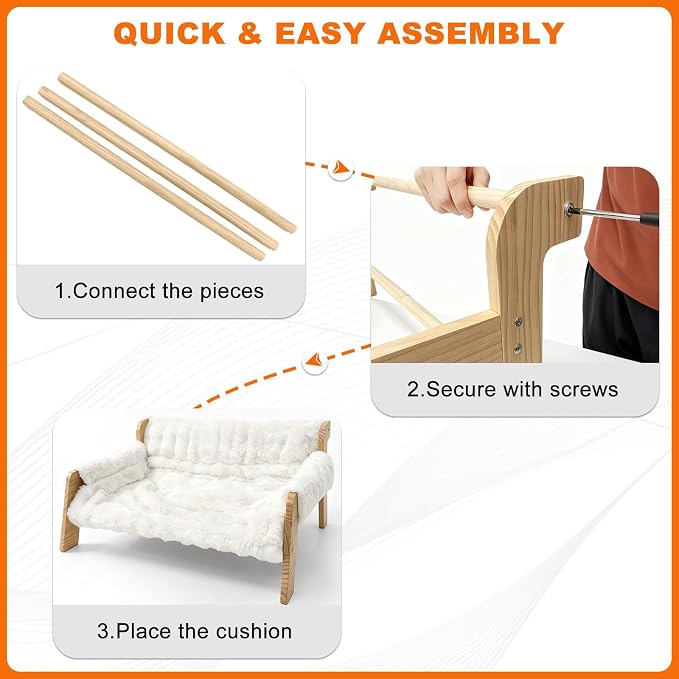homegroove Elevated Cat Couch Bed, Wood Cat Sofa for Indoor Cats, White﻿ | 27"L x 18"W x 11.8"H, solid wood cat bed with removable washable cushion, available in white and gray, for cats & small dogs