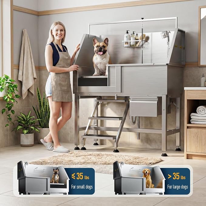 46" Dog Washing Station, Leak-Proof 304 Stainless Steel Dog Bathtub with Non-Slip Removable Left Ramp & Storage Drawer, Elevated Pet Wash Station for Large Dogs, Garage & Outdoor Use (Left Stair)