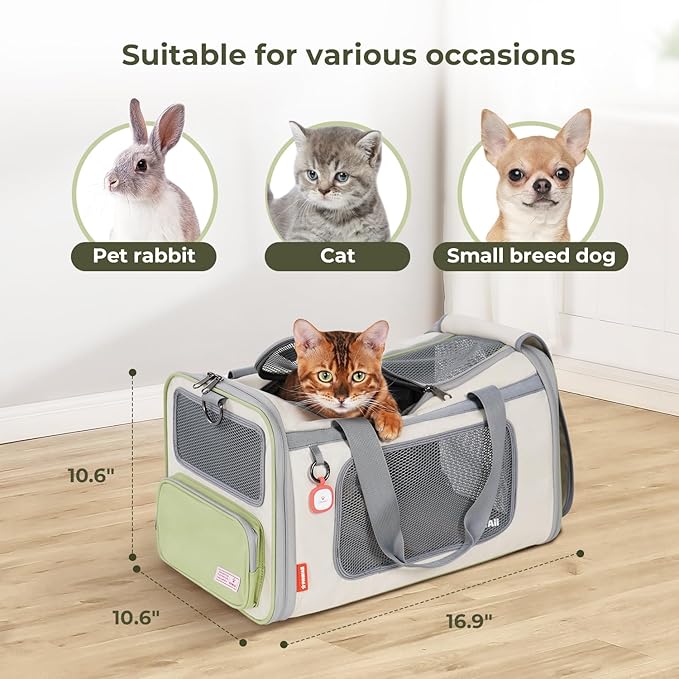 Pawaii Cat Carrier with ID Tag, TSA Airline Approved Soft Sided Collapsible Pet Travel Carrier, Portable Comfortable Convenient Foldable Cat Travel Bag | Up to 13 lbs, 16.9 x 10.6 x 10.6 in, QR pet ID tag, top entry, luggage sleeve, soft fleece pad, fo...