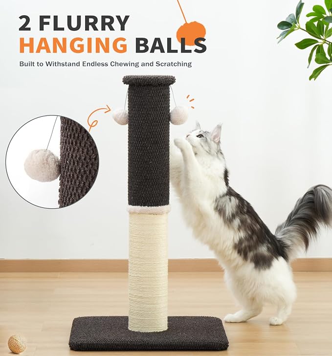 Made4Pets Tall Cat Scratching Post with Sisal & Carpet for Indoor Cats, 33" | Cat Scratcher with Wide Stable Base, Interactive Hanging Toys, Ideal for Adult Cats, Large Breeds and Full-Body Stretching