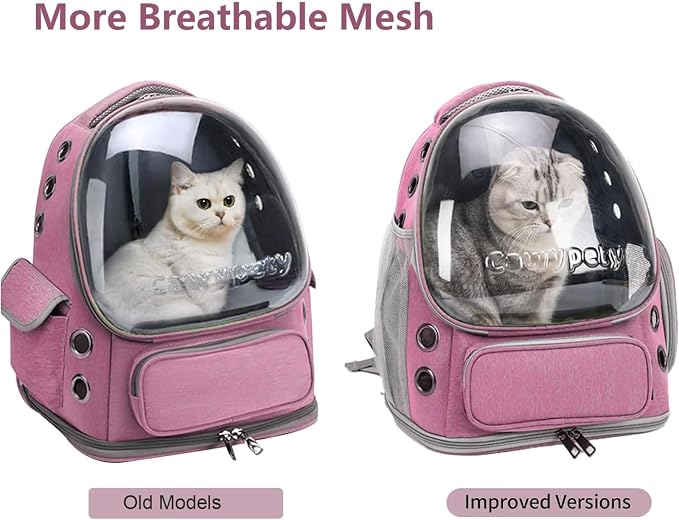 Cawypety Cat Backpack Carrier, Breathable Cat Carrier Large Space Bubble Pet Backpack for Kitty Small Dog up to 12lbs, Transparent & Foldable Pet Carrier for Travel Hiking（Pink）