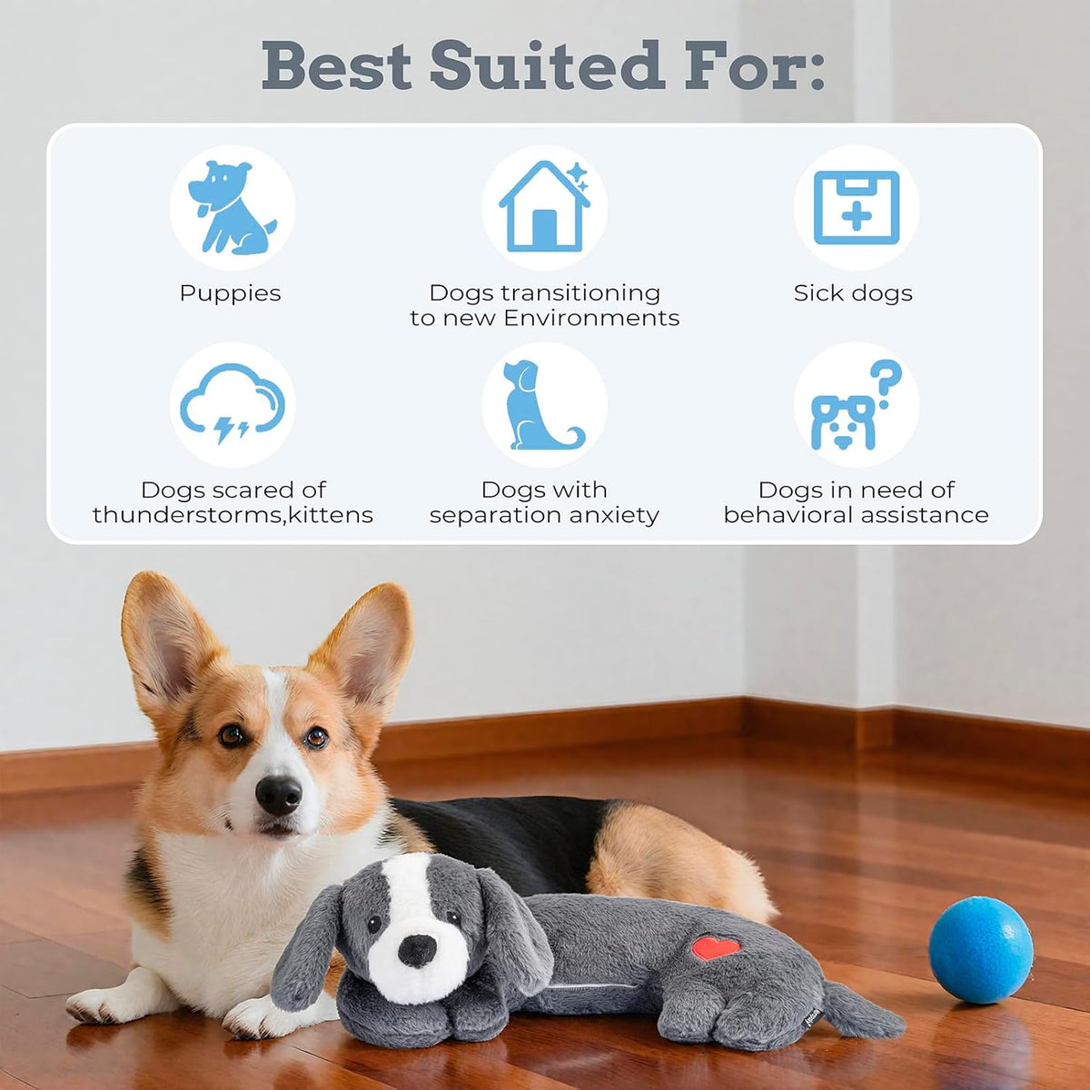 Heartbeat Puppy Toys Dog Heartbeat Toy for Anxiety Relief Calming Aid, Heartbeat Stuffed Animal for Puppy Dog Comfort Sleep Aid Crate Training, Puppy Essentials, Dark Gray