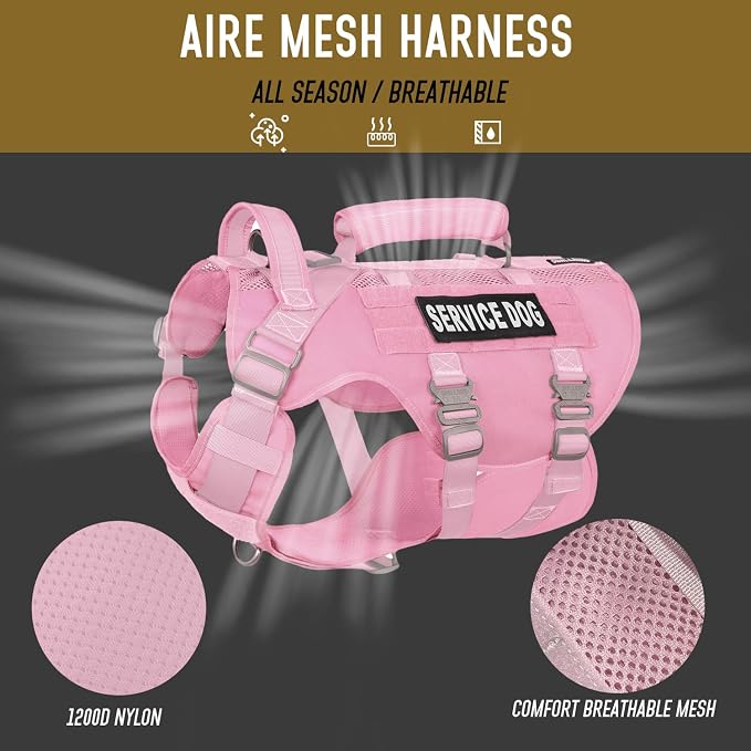 Service Dog Vest for Large Dogs, Pink Tactical Harness with Military MOLLE, Breathable Mesh & 39g Metal Buckle - Size XL for Training & Hiking