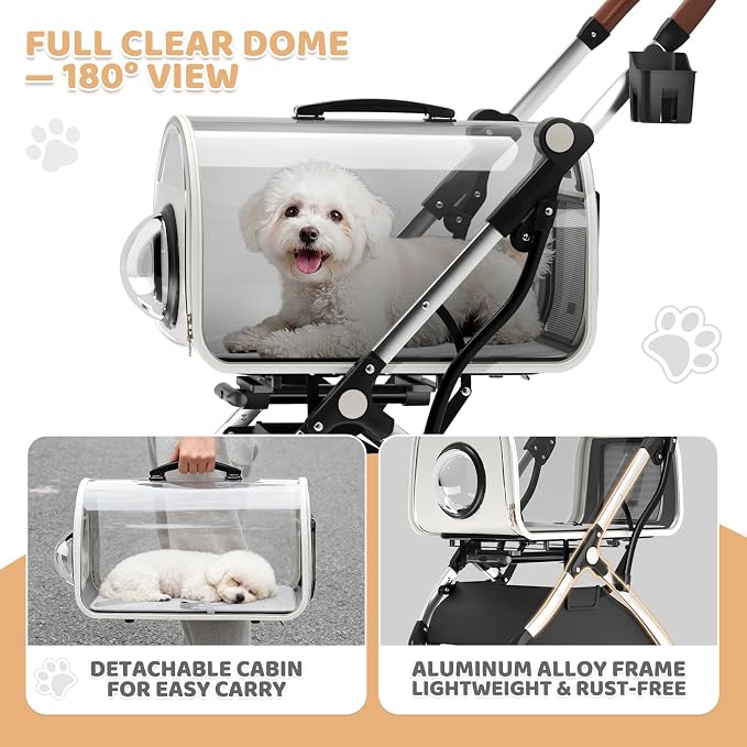 Magshion Dog Stroller w/Detachable Carrier for Small/Medium Dogs&Cats | Clear PC Dome Pet Stroller Up to 33 lbs, Lightweight Foldable Pet Cart, PU Wheels, Storage Basket & Cup Holder