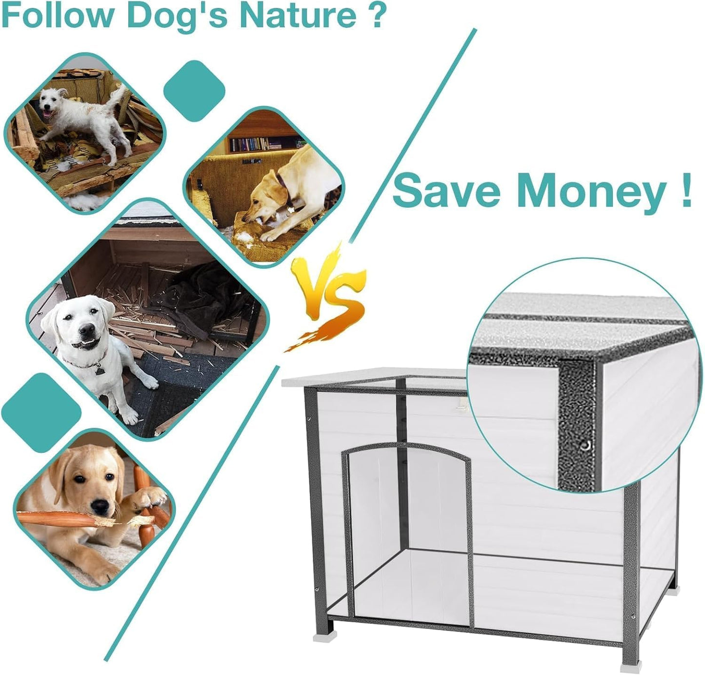 Feral Dog House Outdoor,Anti Bite Iron Frame Dog Kennel,Wood Warm Pets Home,Insulated Weatherproof Outside Shelter for Feral Animal (43.3" (L) x 29.4" (W) x 33.4" (H)-Grey-in)