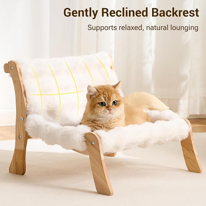 Solid Wood Cat Couch Bed for Indoor Cats, Modern Cat Sofa with Ultra-Soft Plush Surface Washable, Reclined Backrest, Elevated Elevated Cat Lounge Furniture for Small to Adult Pets, Ivory White
