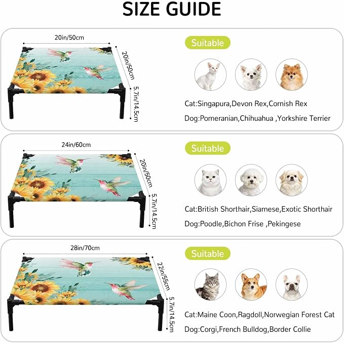 Outdoor Elevated Dog Bed for Medium Dogs, Sunflowers Breathable Cooling Raised Dog Cot for Indoor/Outdoor, Spring Botanical Flowers Birds Turquoise Wooden Waterproof Elevated Pet Beds, M 24 x 20 in