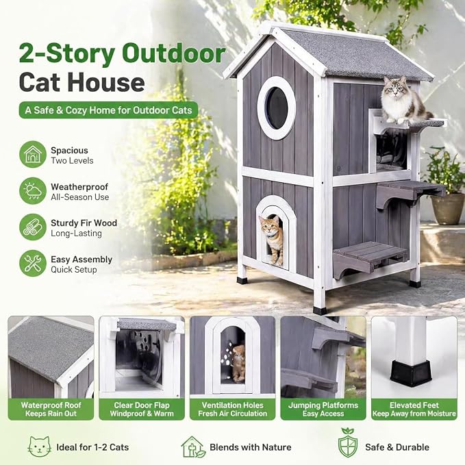 GEGURI Outdoor Cat House Weatherproof, Wooden Two-Story Feral Cat Shelter with Openable Roof, Escape Door, Balcony