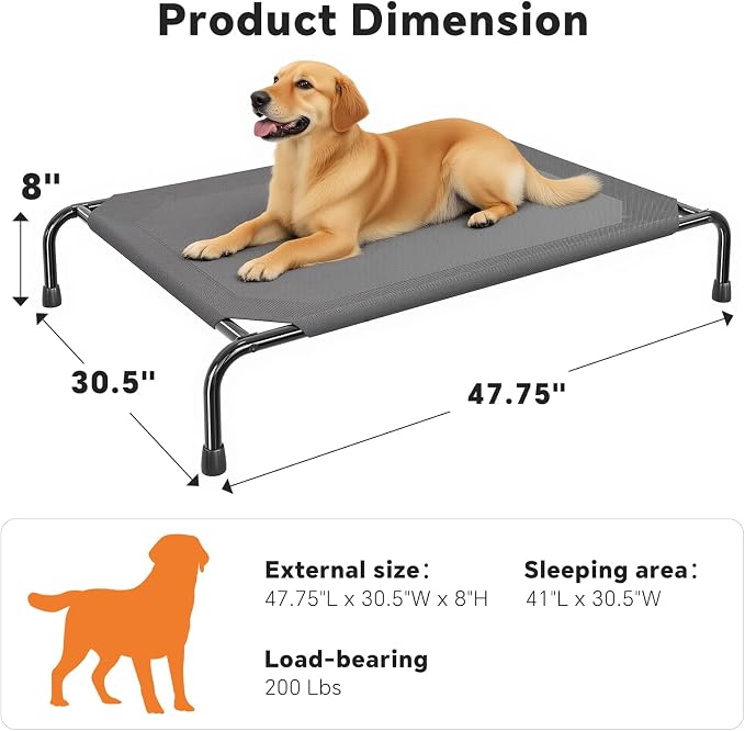 Simple Trending Raised Dog Bed for Large Dogs, Waterproof Elevated Dog Cot | Cooling Breathable Pet Hammock Bed, Washable Mesh, Indoor or Outdoor Use, Anti-Slip Feet, Portable, 47.75" x 30.5", Dark Grey