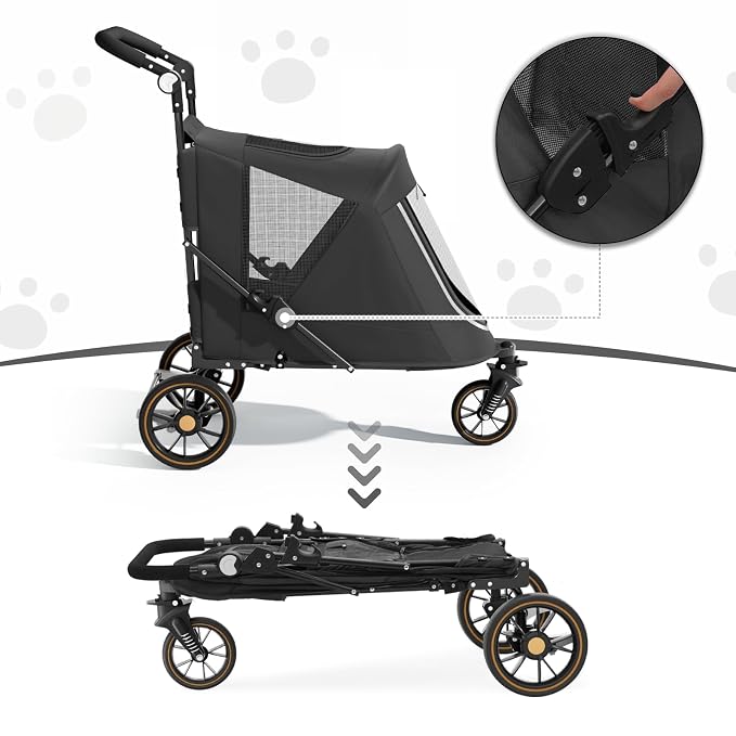 MoNiBloom Pet Stroller for Large Dogs or Dogs Cats up to 55 lbs, Black | with Adjustable Handle, 3-Wheels Dual Entry Portable Dog Carting Easy Folding Pet Wagon Double Multiple Dog Stroller