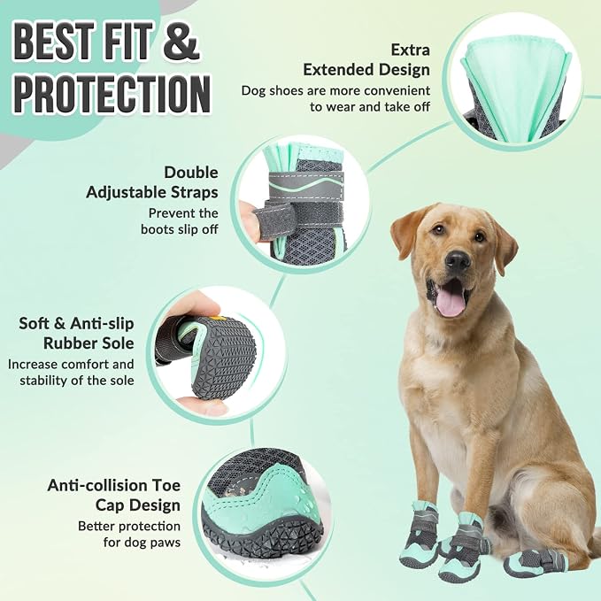 SlowTon Dog Shoes for Large Small Medium Dogs - Breathable Dog Boots for Summer Hot Pavement, Paw Protector for Outdoor Walking Winter Snow, Anti-Slip Rubber Dog Booties for Hardwood Floor (Green, 3)