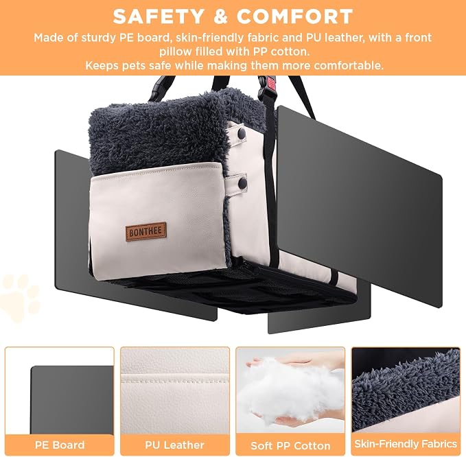 Center Console Dog Car Seat for Small Dogs,PU Leather Small Dog Car Booster Seat,Washable Foldable Puppy Car Seat with Safe Protection Hooks Adjustable Straps and Storage Pocket Pet Up to 15lbs