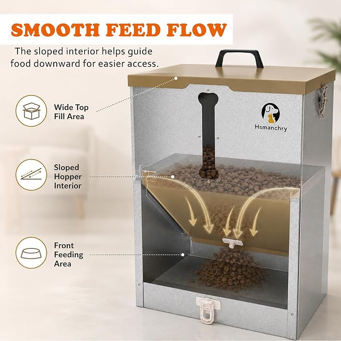 60 lb Automatic Dog Feeder Outdoor Gravity Feeder for Large Dogs | Easy food-level checks, simple latch closure, wall or fence mounting, champagne-gold finish
