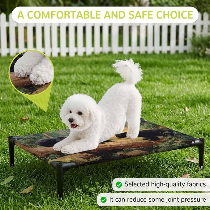 Outdoor Elevated Dog Bed for Medium Dogs, Forest Bears Breathable Cooling Raised Dog Cot for Indoor/Outdoor, Nature Country Wild Animals Trees Branch Waterproof Elevated Pet Beds, M 24 x 20 in