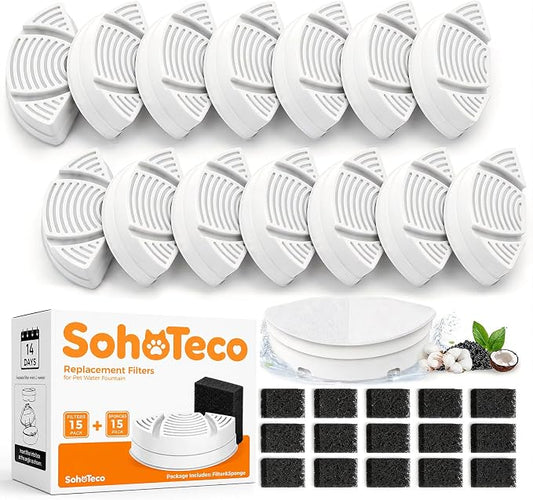 15 Pack of Official Replacement Filters (7 Months Supply) for SohoTeco Stainless Steel Pet Water Fountain for Cats Inside