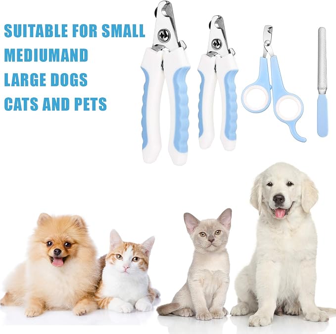 Mudder 4 Pieces Dog Nail Clippers Kit Dog Cat Pets Nail Clippers and Trimmers with Safety Guard to Avoid Over Cutting for Large Small Animals Pet Grooming (Blue and White)