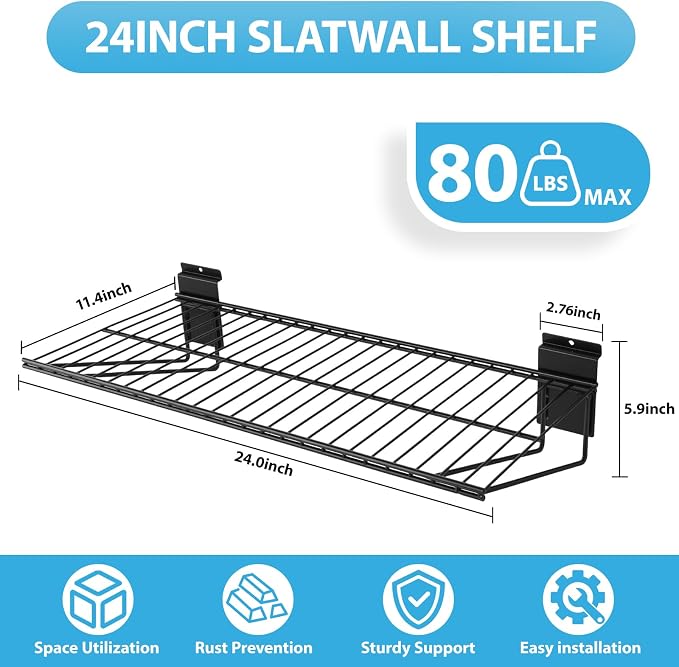 Slat Wall Shelves Accessories - 24 Inch Slatwall Wire Shelf Heavy Duty Storage Garage Shelving Wall Mounted (2 Pack)