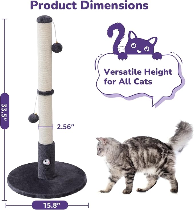 Woochpet 33'' Tall Cat Scratching Post for Adults Cats, Sturdy Large Scratch Pole with Hanging Ball with Fun Mouse Hole, Scratching Posts for Indoor with Durable Natural Sisal Rope (Darkgrey)