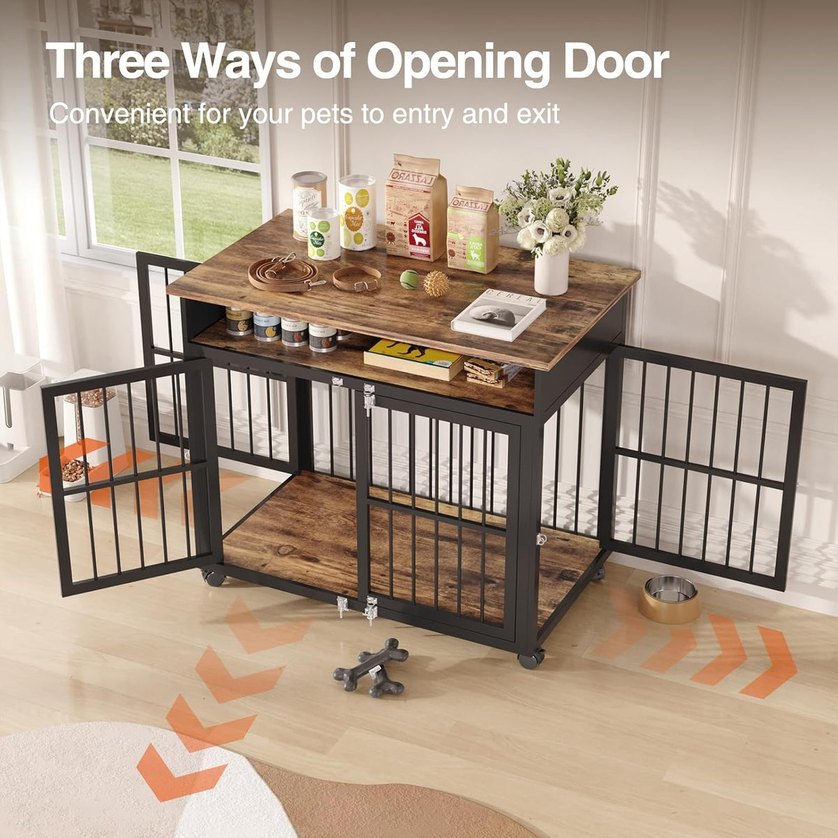 39.4" Dog Crate Furniture for Medium and Large Breed, Dog Kennel Furniture with Storage Shelf & Lockable Wheels, Heavy Duty Wooden End Side Table Pet Cage Indoor, Chew-Resistant, Brown