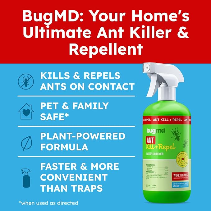 BugMD Pet Safe Ant Killer & Ants Spray Indoor Outdoor | Natural Plant-Based Ant Repellent that Kills on Contact with a Fresh Scent