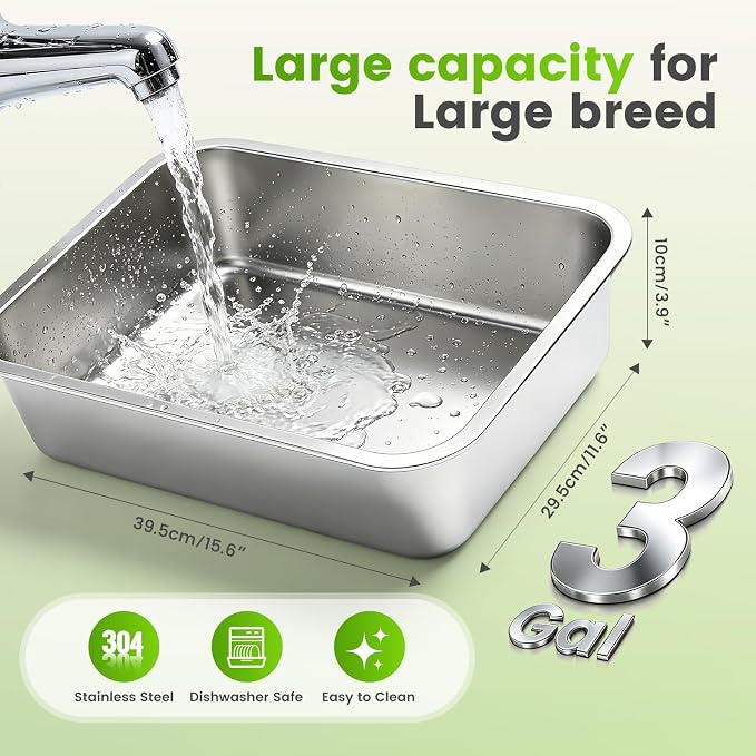 3 Gal Large Dog Water Bowl Elevated 14.2" Outdoor Stainless Steel Pet Water Food Bowl Adjustable Raised Metal Dog Bowl Stand Dish Plate for Cat, Big, Extra Large Breeds, Easy to Clean