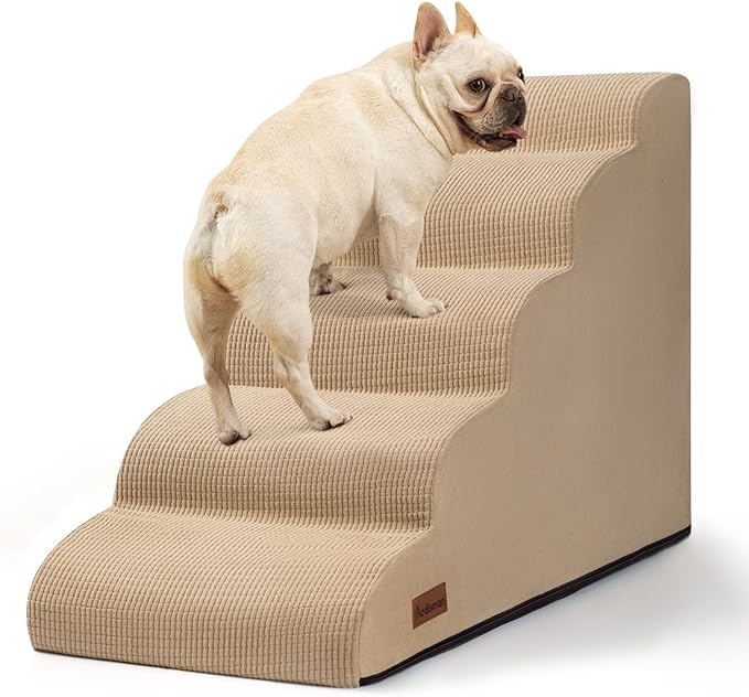 Aodisman Dog Stairs for High Bed,5-Step Pet Ramp for Small Dogs and Cats | 22.2" H Dog Steps for Bed with High-Density Foam, Help Olders,Short-Legged Dogs,Puppy and Cats Get on Beds Easily,Grey,Khaki