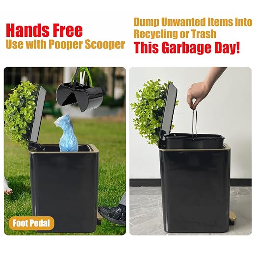 Small Metal Trash Can with Lid - Dog Poop Trash Can Outside with Pedal | 10 Liters Pet Waste Container Outdoor - Plant-Styled Poop Bucket - 2.6 Gal Stainless Steel Garbage Bin - Black and Gold