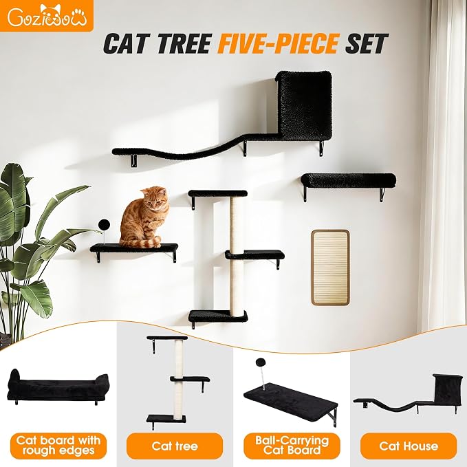 5 Pcs Wall-Mounted Climber Set, Wood Indoor with Shelves and Perches, Ladder, Condo House, Scratching Board and Tree, Wall Shelves Furniture for Cats (Black)