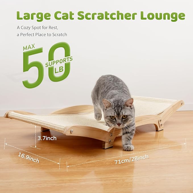 28" Extra Large Cat Scratcher Bed, Natural Sisal Lounge Cat Furniture | Scratch & Rest Design with Wooden Frame, Natural Sisal Scratching Surface, Cozy Lounge Chair for Indoor Cats