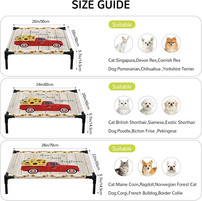 Outdoor Elevated Dog Bed for Medium Dogs, Sunflowers Breathable Cooling Raised Dog Cot for Indoor/Outdoor, Country Botanical Bees Red Truck Wooden Plank Waterproof Elevated Pet Beds, M 24 x 20 in