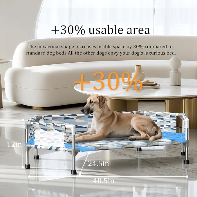 Elevated Dog Bed with Guardrails, Raised Cooling Outdoor Pet Cot Medium | Outdoor Dog Bed with 5-Sided Fence for Training Rest, Portable Hexagon Dog Hammock with Metal Frame, Dog Couch Off the Ground