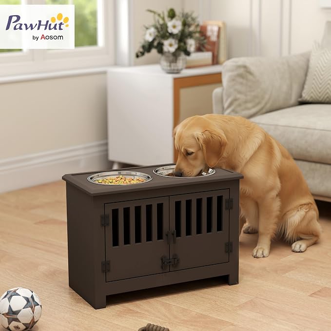 PawHut Large Elevated Dog Bowls with Storage Cabinet - 37L Capacity, Raised Dog Bowl Stand Feeding Station, Espresso | Raised Dog Bowl Stand Pet Food Bowl Dog Feeding Station
