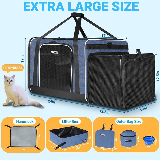 Petskd Side Expandable Extra Large Cat Carrier with Litter Box Area, 24"x17"x17" Soft-Sided Pet Carrier for 2 Cats Under 55 lbs with Zipper Locks for Car Travel(Blue)
