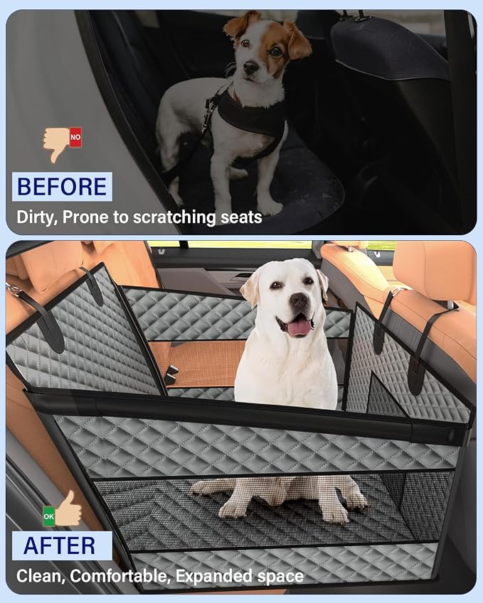 Instraella Dog Car Seat for Large Dogs, Hard Bottom Half Back Seat Extender | For Medium & Large Dogs, Fits Cars, SUVs & Trucks, Waterproof & Non-Slip with Mesh Windows, Leash Slot & Room for a Passenger
