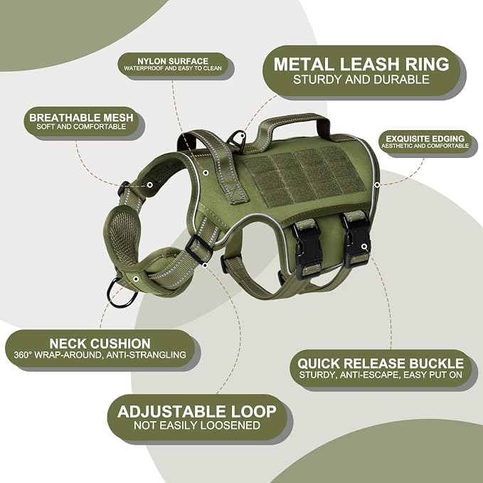 Dog Harness for Large Dogs, No Pull Tactical Vest with Front Clips | Easy Contrl Handle, Breathable Soft Padded, Adjustable, Reflective, Heavy Duty, Easy Take On & Off, Green X-Large