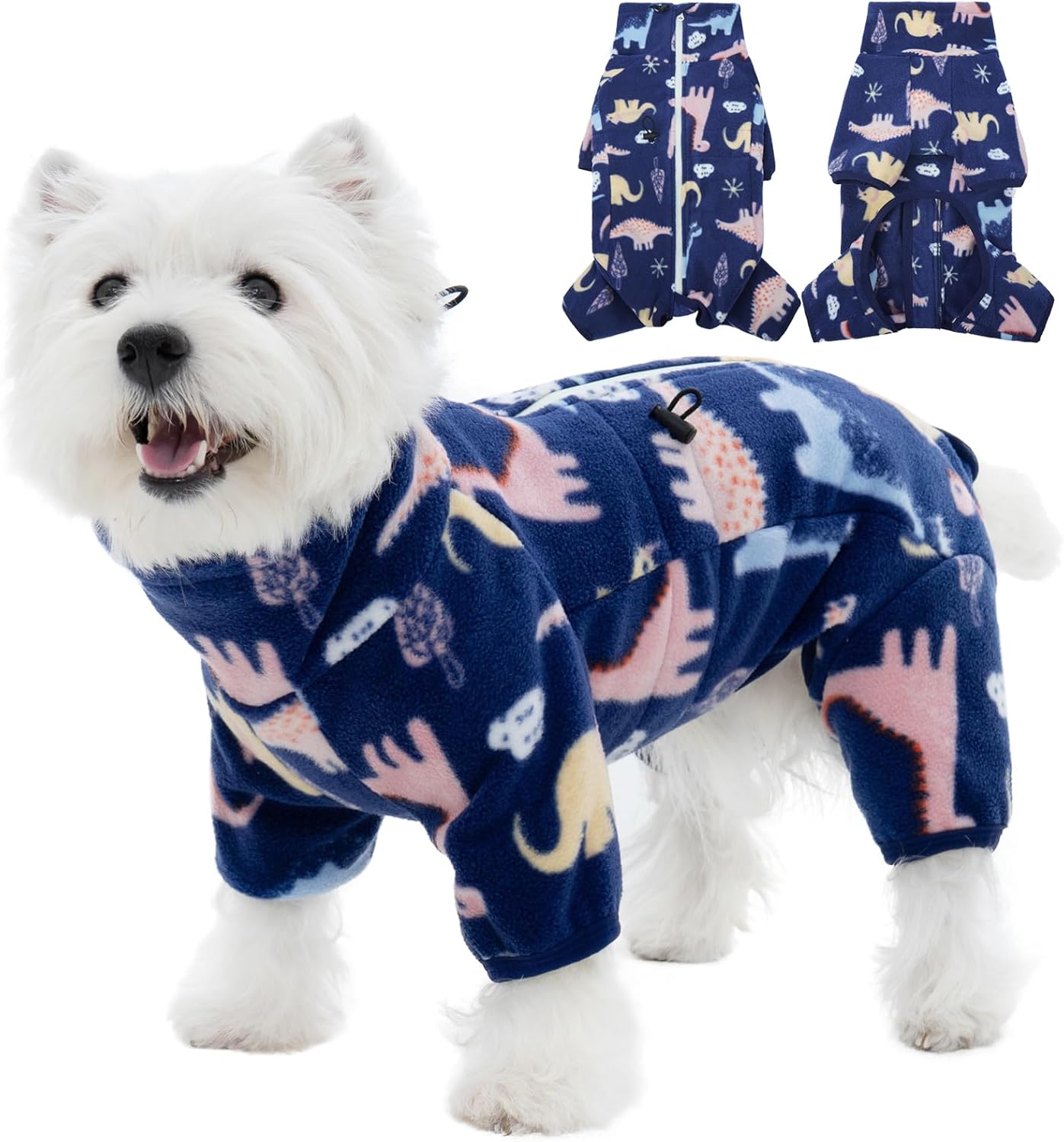 ROZKITCH Extra Warm Dog Coat, Pet Windproof Warm Cold Weather Jacket Vest with Reflective Zipper, Jumpsuit Apparel Outfit Clothes for Small Dog Dinosaur 2XS