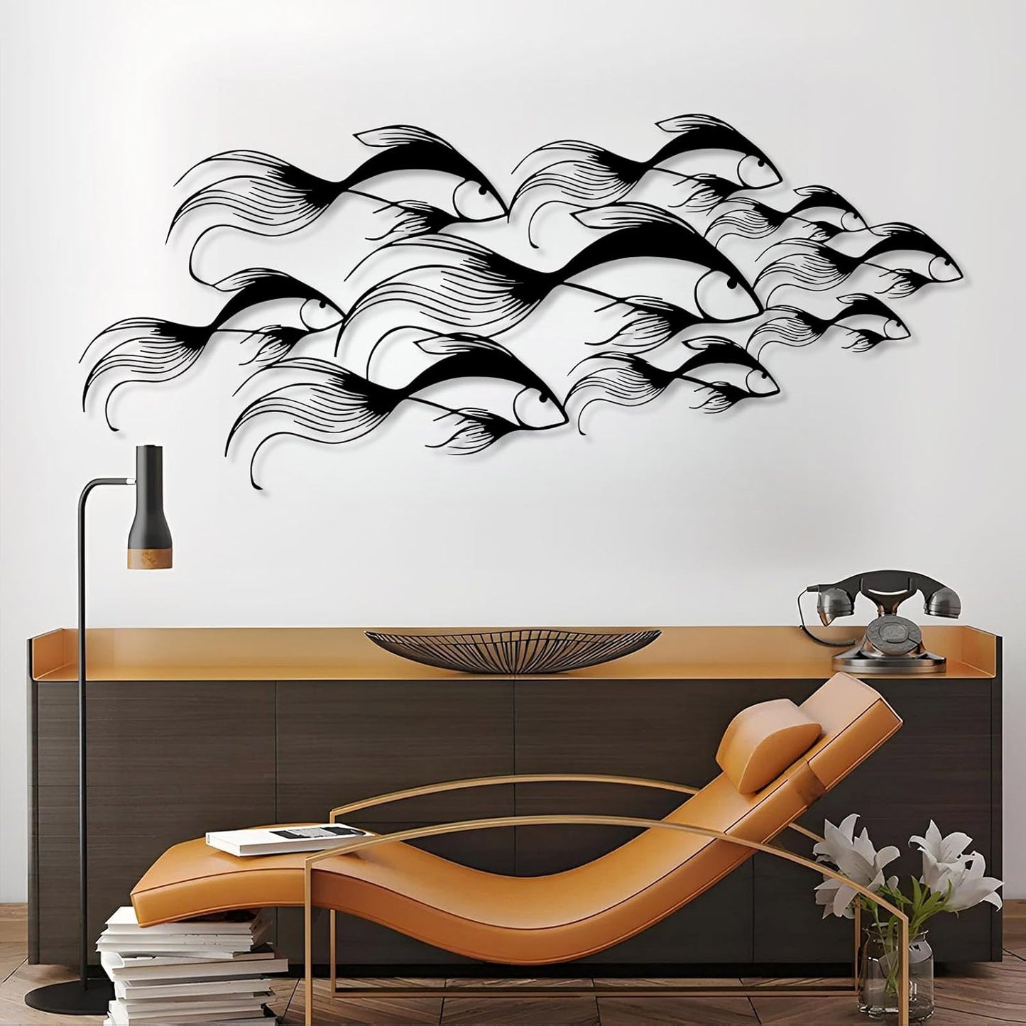School of Fish Metal Wall Art, Metal Fish Wall Decor, Sea Life Wall Art, Large Nautical Wall Hanging, Modern Beach House Wall Decor, Ocean Themed Artwork for Bathroom (White, 53"x22" | 135x57cm)