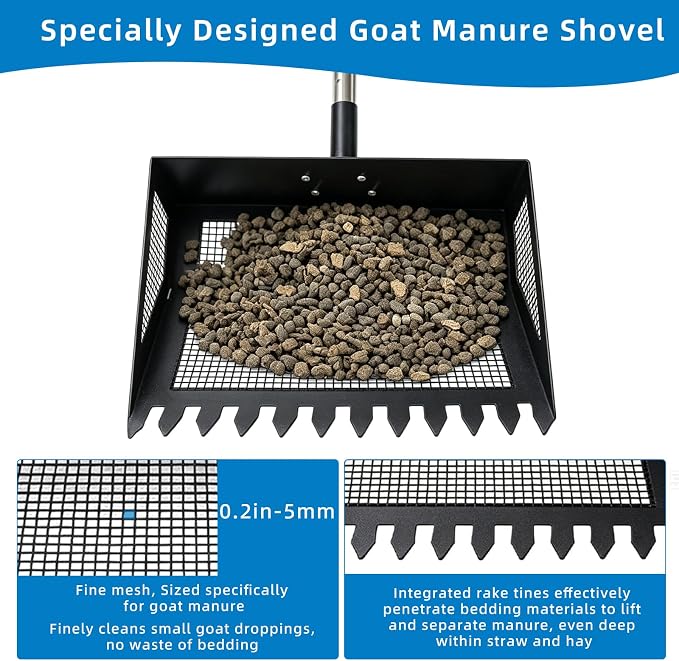 Goat Pooper Scooper & Manure Rake, Heavy Duty Metal Sifter Shovel with Adjustable Long Handle, Specially Designed for Goat Stall Cleaning, Farm Livestock Waste Pickup Tool with Gloves (40–71")