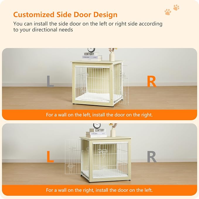 DWANTON Dog Crate Furniture with Cushion, Wooden Kennel Table with Double Doors, Indoor Dog House, Small/Medium/Large Size, 27.2" L, White Oak