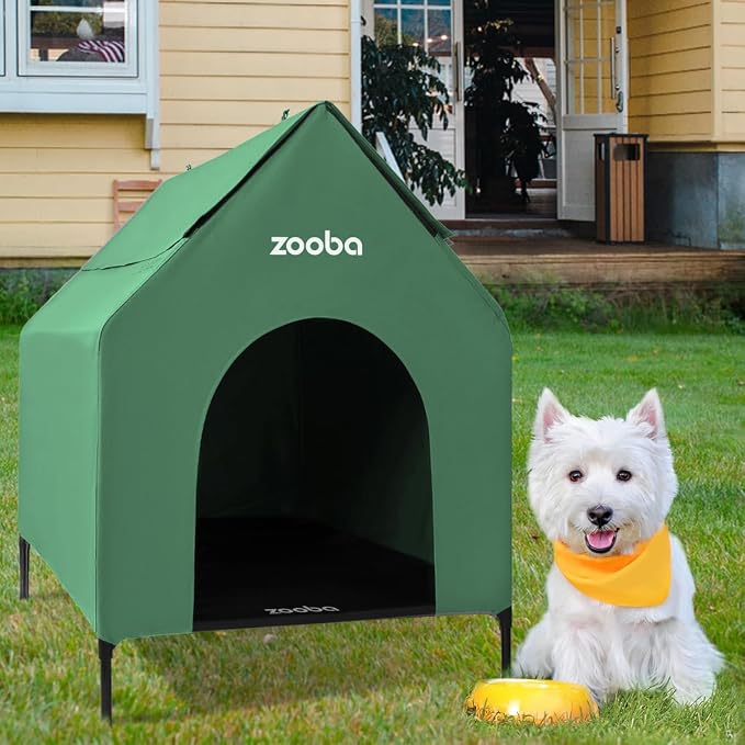 Zooba 29in Medium Dog House Outdoor, Elevated Dog Bed with Canopy, Green | Weather-resistant 600D PVC canopy, breathable 2x1 Textilene elevated bed, steel frame; indoor or outdoor; easy to clean