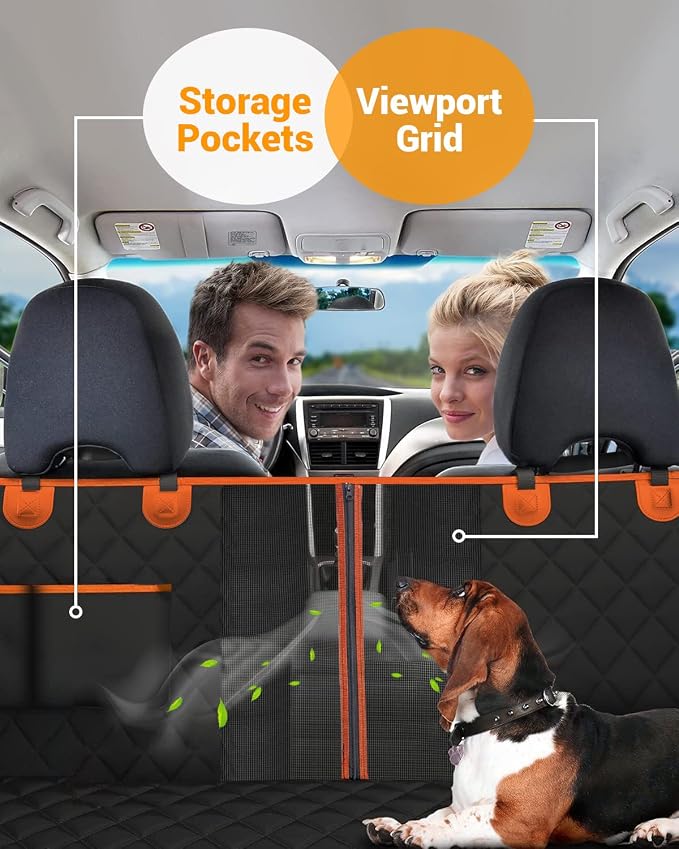 Dog Car Seat Cover, 600D Heavy Dute Car Seat Cover for Dogs Pets, 100% Waterproof Anti-Scratch Nonslip Dog Hammock for Cars, Seat Covers Protector with SeatBelt for Sedan SUV Truck Standard Oran&Black