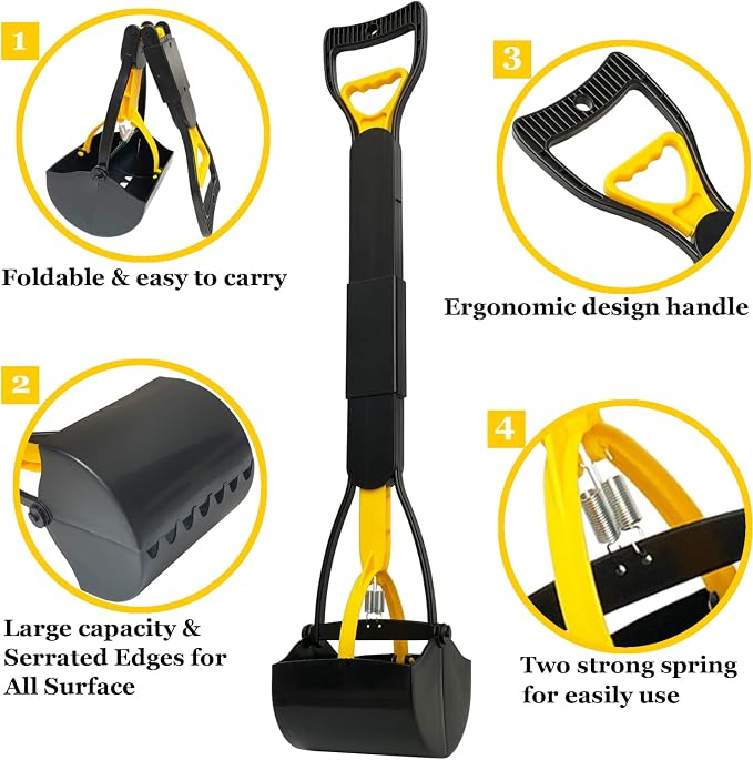 ienjoyed 32“ Tall Pooper Scooper, Large Pooper Scooper for Dogs Heavy Duty, Dog Pooper Scooper with Long Handle & High Strength Durable Spring, Foldable Dog Poop Pick Up, Yellow