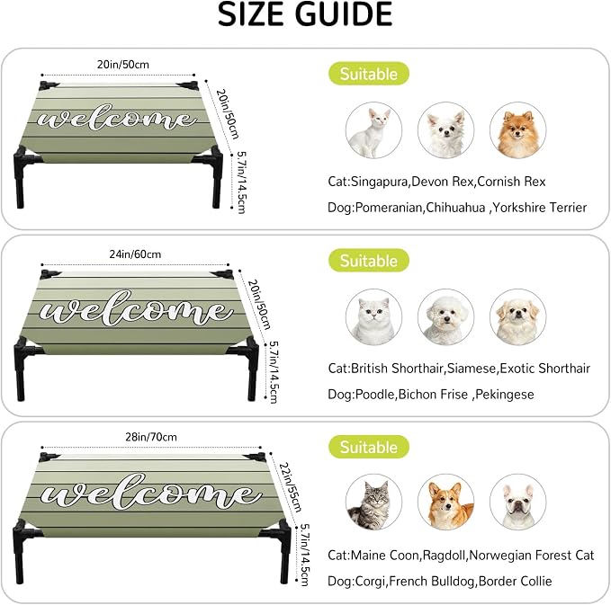 Outdoor Elevated Dog Bed for Small Dogs, Sage Green Wooden Grain Breathable Cooling Raised Dog Cot for Indoor/Outdoor, Gradient Farmhouse Wood Plank Waterproof Elevated Pet Beds, S 20 x 20 in