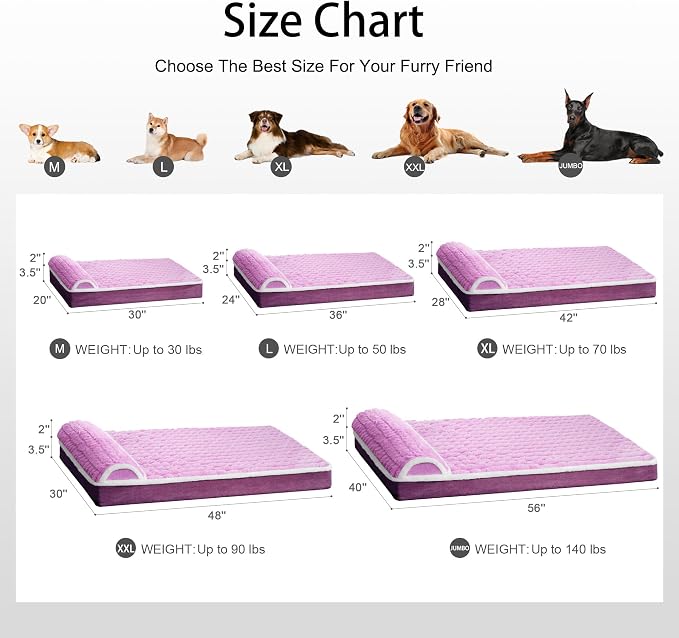 Orthopedic Large Dog Bed Pillow Pet Sofa Bed 36''X24'' Lilac | Egg-Crate Foam Pet Couch Large Sized Dog, Waterproof Removable Washable Cover,Furry Puppy Crate Mat With Nonskid Bottom