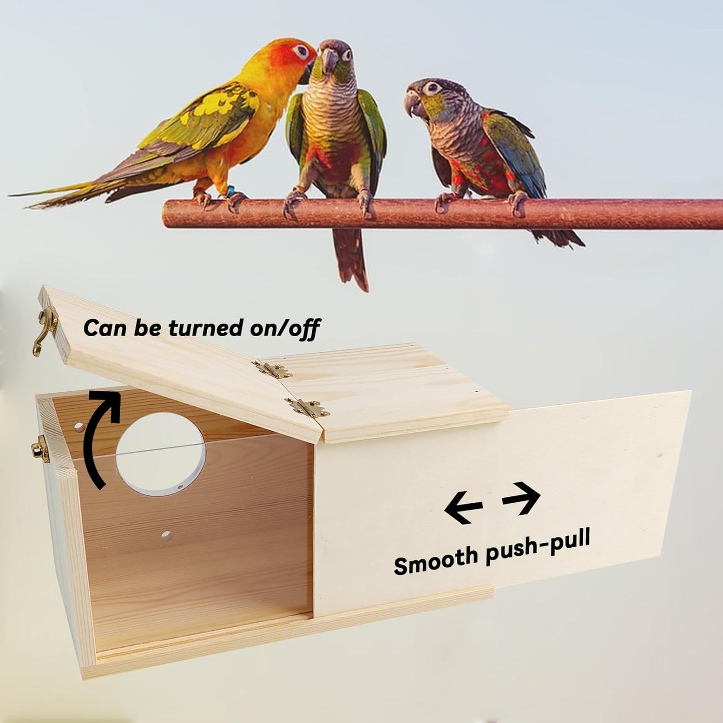 PINVNBY Acrylic Parakeet Nesting Box,Transparent Bird Breeding Box with Detachable Wooden Board Visual Cockatiel House for Budgie Lovebird Conure Parrot (S)