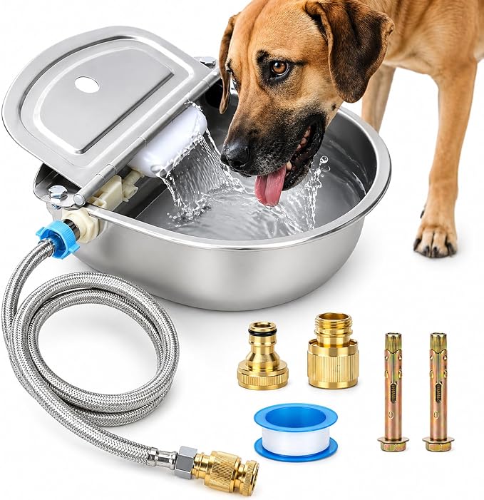 FHTONGE 304 Stainless Steel Automatic Dog Water Bowl Dispenser with Outfall | Float Valves Auto Fill, Wall-Mounted Dog Waterer for Outdoor Big Dog Livestock Poultry Horse Cow Goat Pig Chicken Duck Rabbit