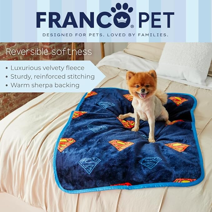 Franco Pet Superman DC Comics Super Soft Cozy Waterproof Sherpa-Backed Blanket Throw for Small Dogs, Couch/Bed/Car, 30x40 (Officially Licensed Product)